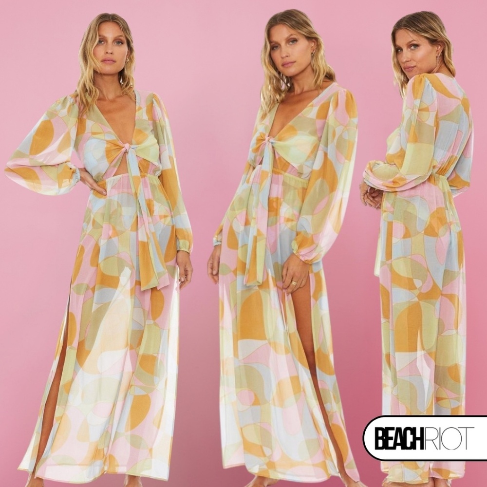 Beach Riot Waikiki Wave Cover Up Size XL Abstract Long Sleeve Maxi Summer Boho